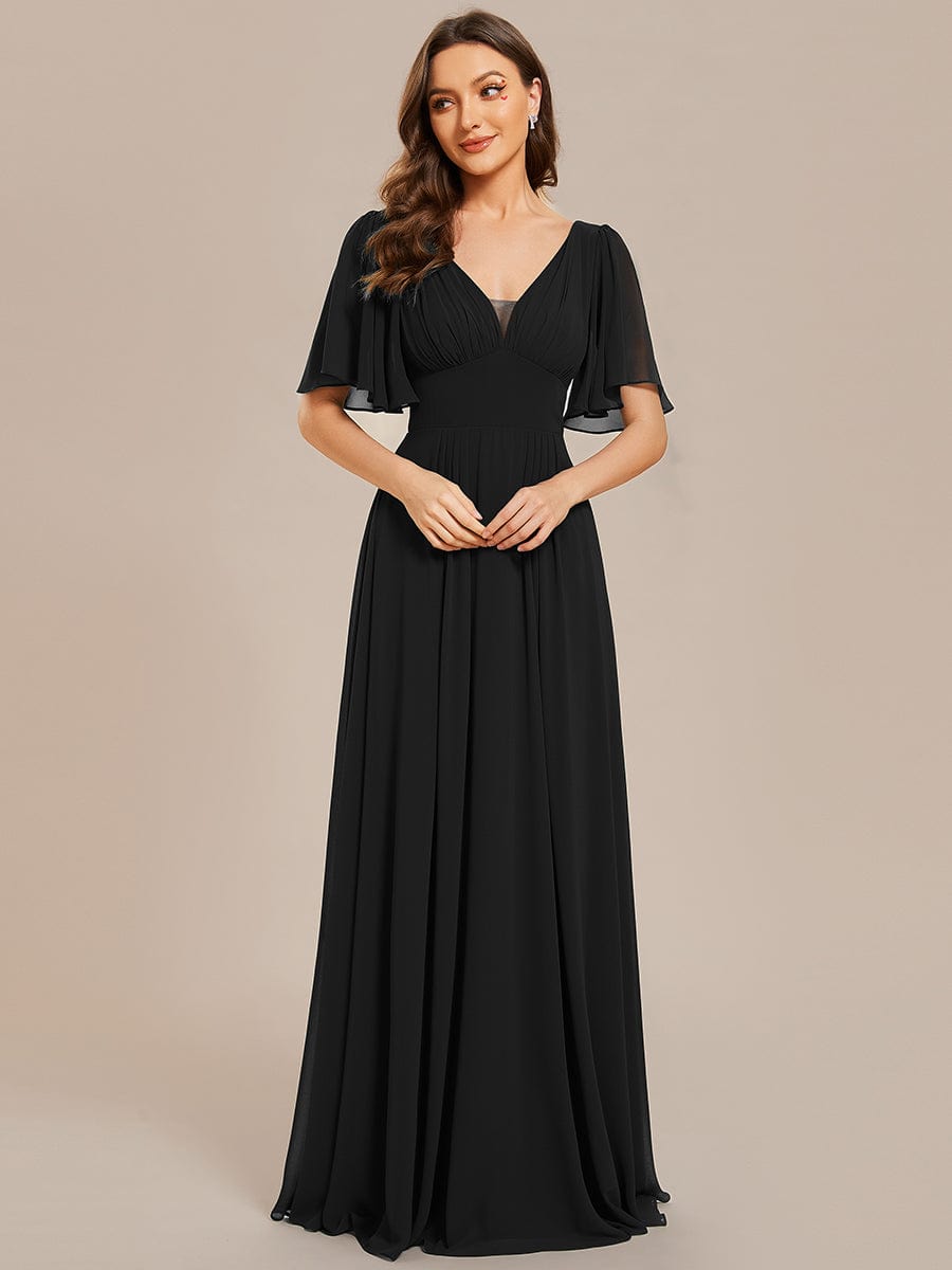 Simple Chiffon Short Sleeves Empire Waist A-Line Maxi Dress in Black #color_Black