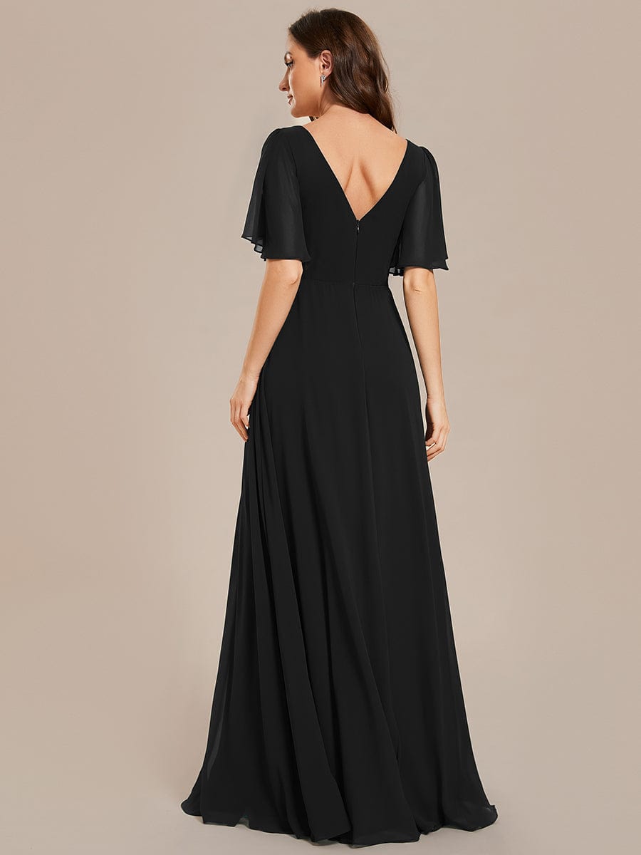 Simple Chiffon Short Sleeves Empire Waist A-Line Maxi Dress in Black #color_Black