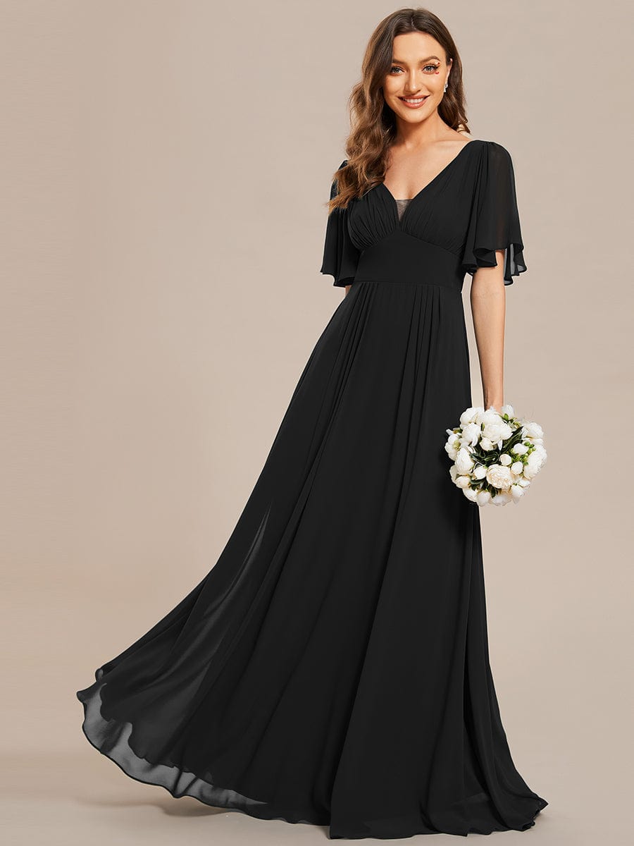 Simple Chiffon Short Sleeves Empire Waist A-Line Maxi Dress in Black #color_Black