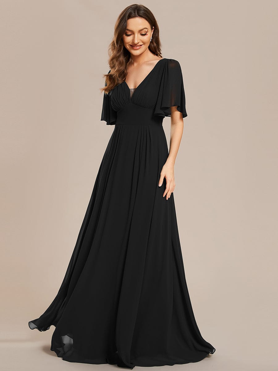 Simple Chiffon Short Sleeves Empire Waist A-Line Maxi Dress in Black #color_Black