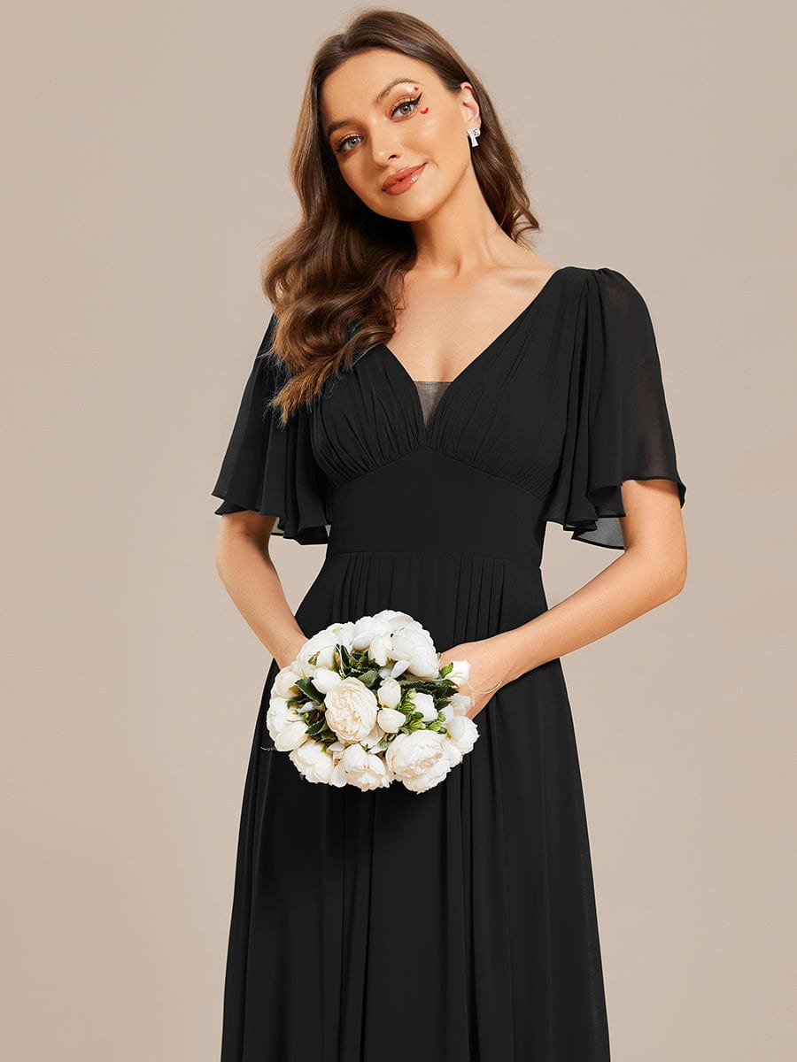 Simple Chiffon Short Sleeves Empire Waist A-Line Maxi Dress in Black #color_Black