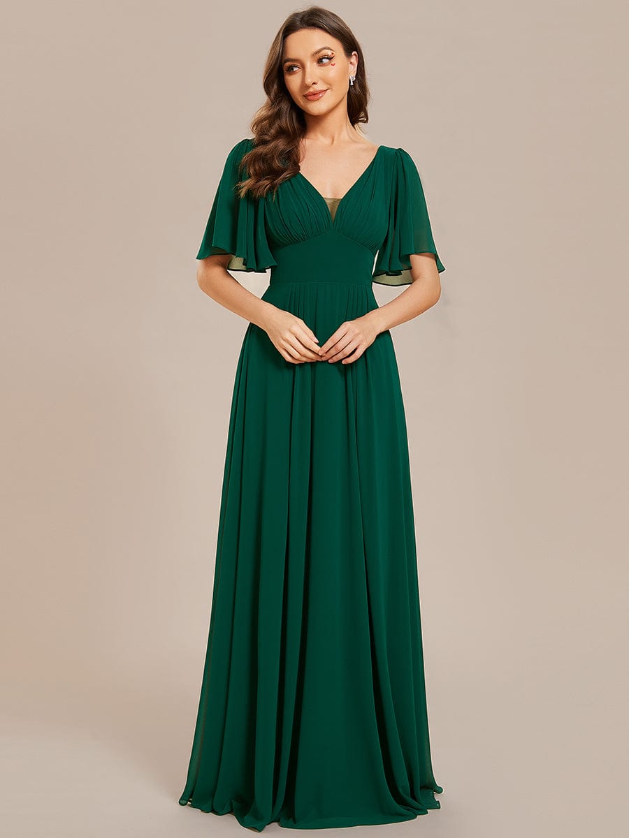 Simple Chiffon Short Sleeves Empire Waist A-Line Maxi Dress in Dark Green #color_Dark Green