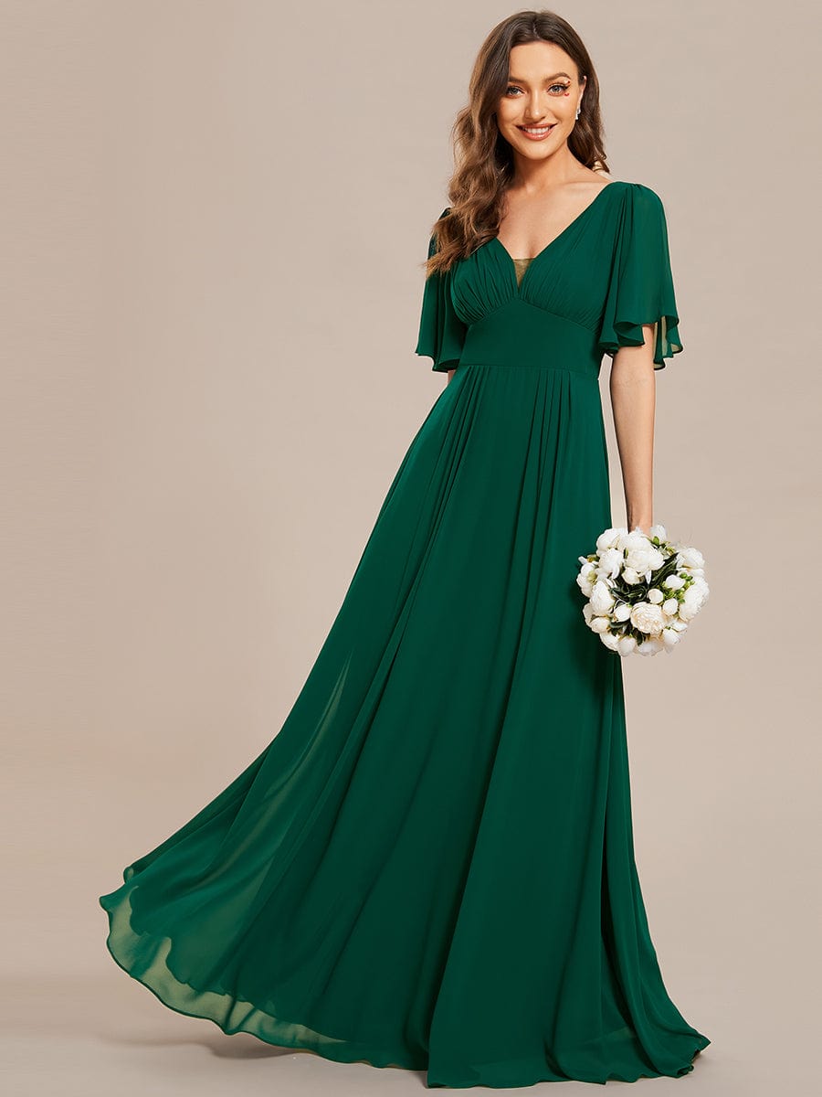 Simple Chiffon Short Sleeves Empire Waist A-Line Maxi Dress in Dark Green #color_Dark Green