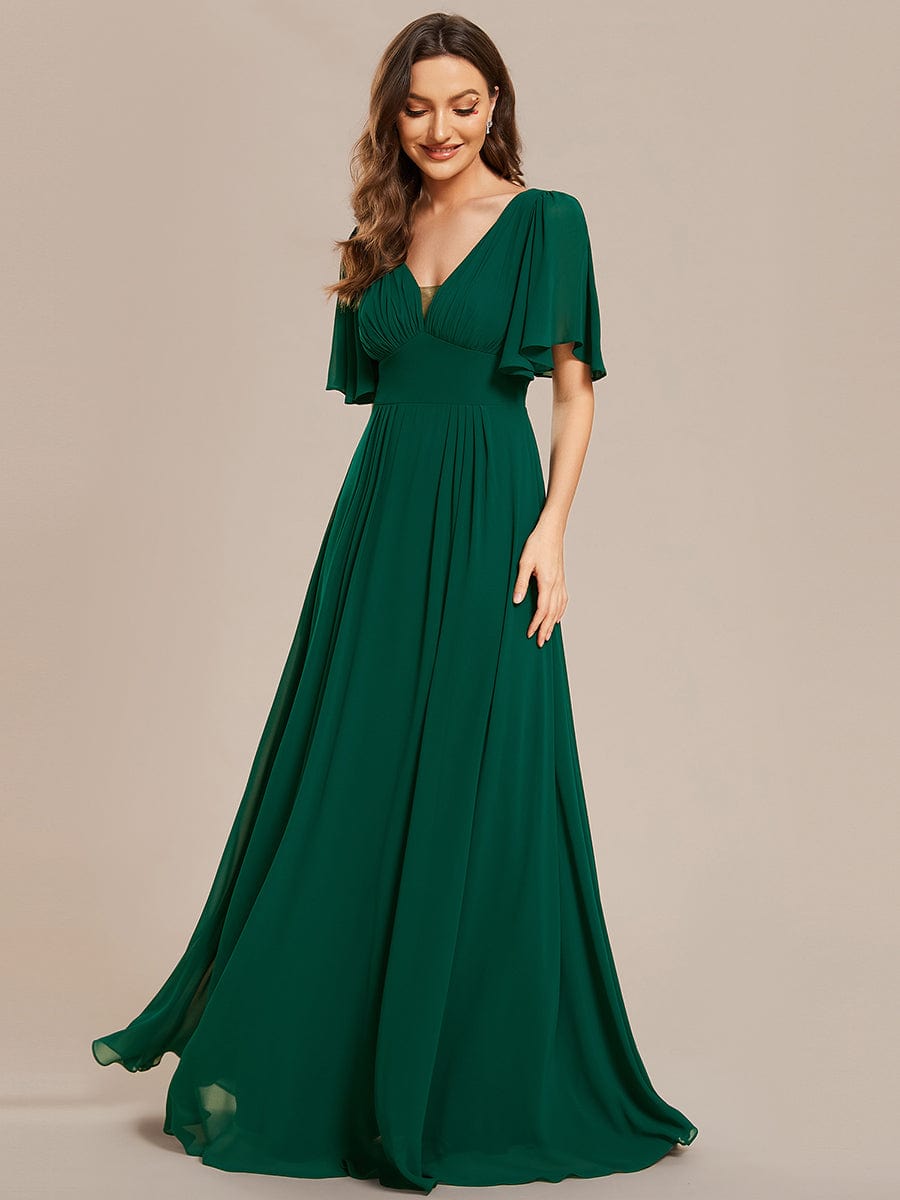 Simple Chiffon Short Sleeves Empire Waist A-Line Maxi Dress in Dark Green #color_Dark Green