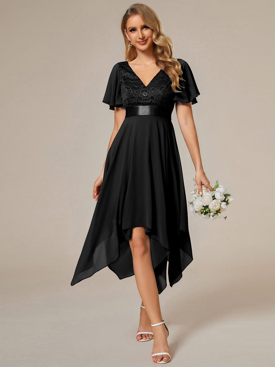 Asymmetrical Hem Empire Waist Short Sleeves Knee-Length Bridesmaid Dress #color_Black