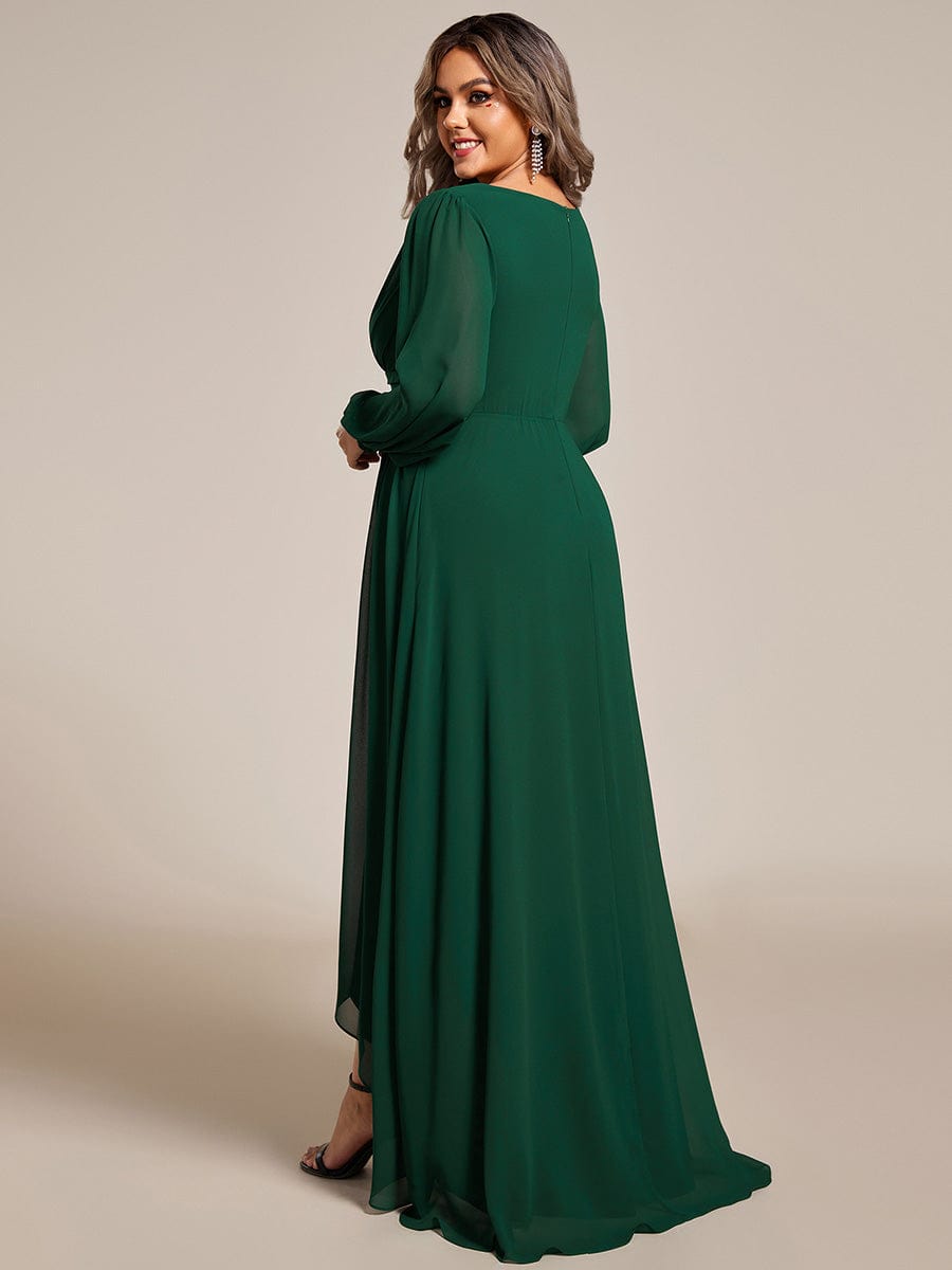 Enchanting Chiffon Lantern Sleeve Pleated High Waist Dress in Dark Green #color_Dark Green