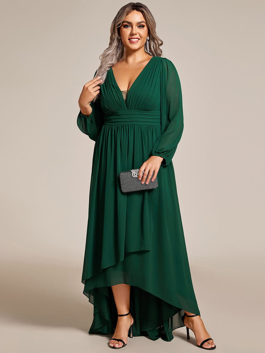 Enchanting Chiffon Lantern Sleeve Pleated High Waist Dress in Dark Green #color_Dark Green