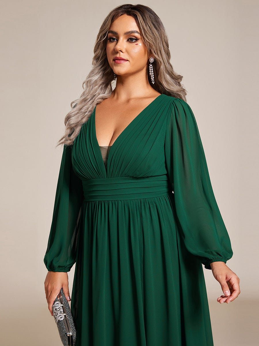 Enchanting Chiffon Lantern Sleeve Pleated High Waist Dress in Dark Green #color_Dark Green