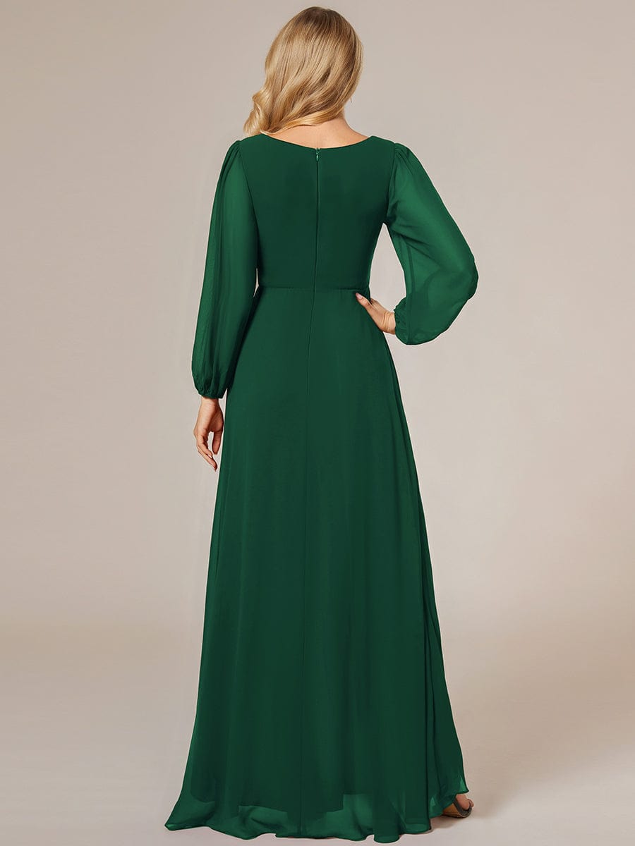 Enchanting Chiffon Lantern Sleeve Pleated High Waist Dress in Dark Green #color_Dark Green