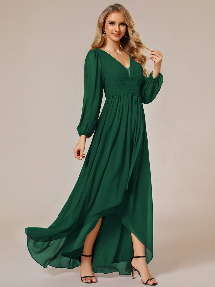 Enchanting Chiffon Lantern Sleeve Pleated High Waist Dress in Dark Green #color_Dark Green