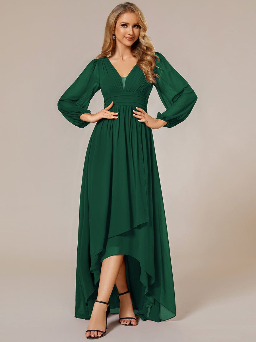 Enchanting Chiffon Lantern Sleeve Pleated High Waist Dress in Dark Green #color_Dark Green