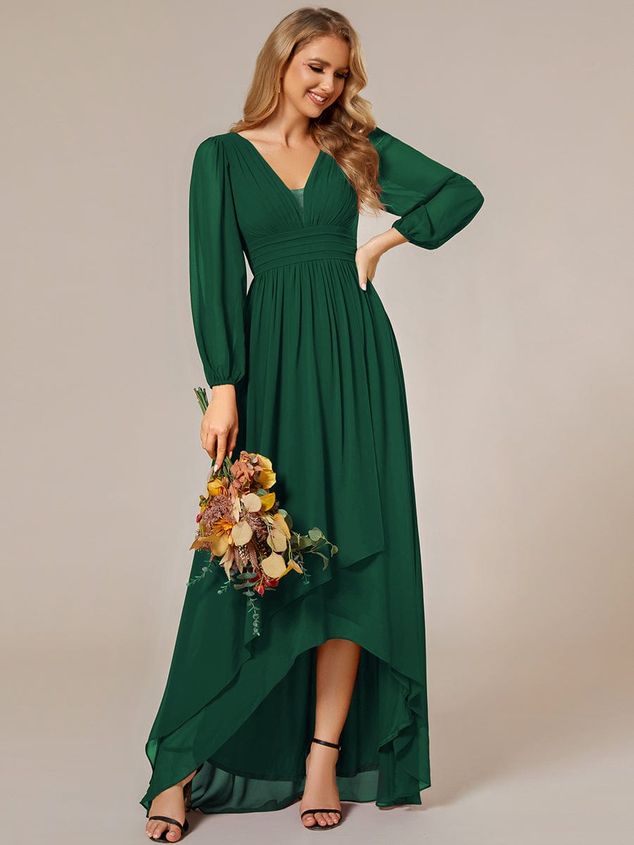 Enchanting Chiffon Lantern Sleeve Pleated High Waist Dress in Dark Green #color_Dark Green