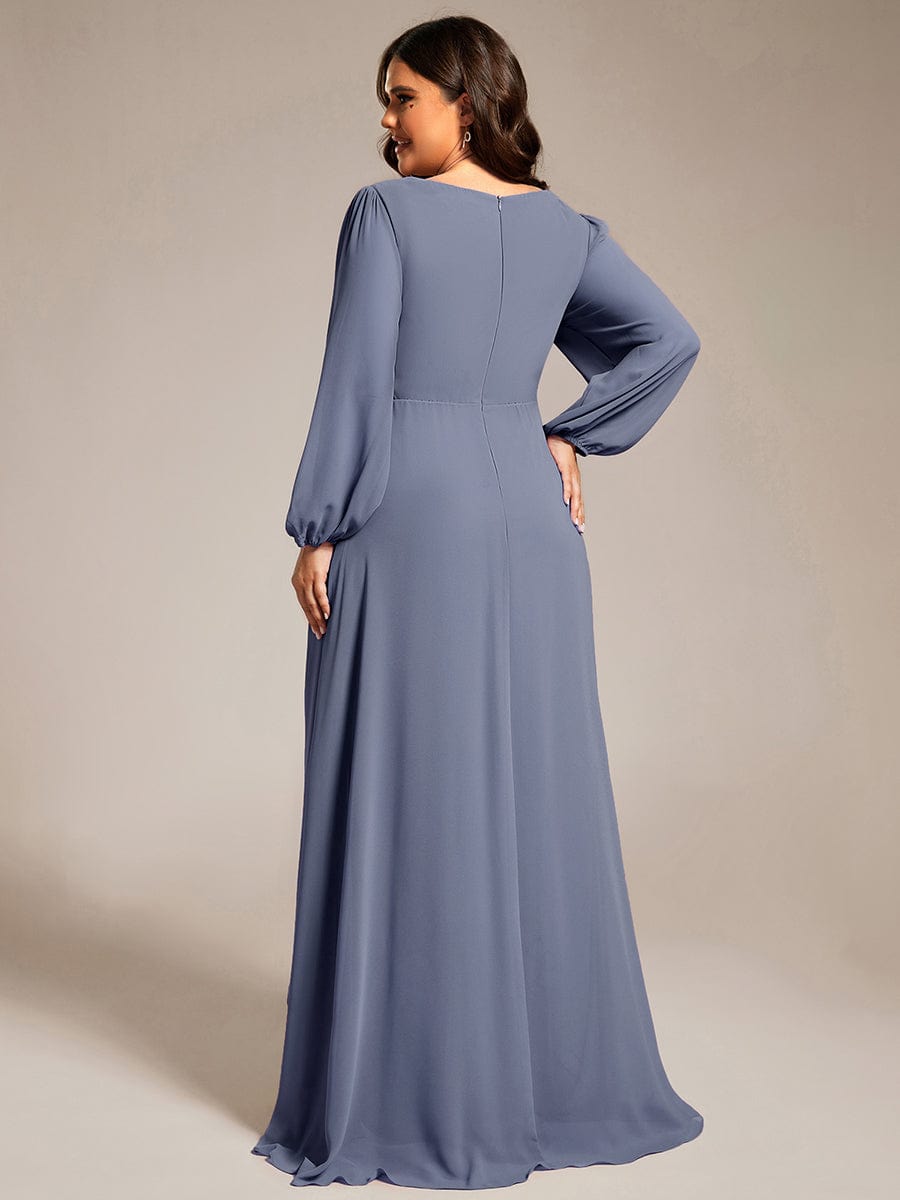 Enchanting Chiffon Lantern Sleeve Pleated High Waist Bridesmaid Dress in Dusty Blue #color_Dusty Blue