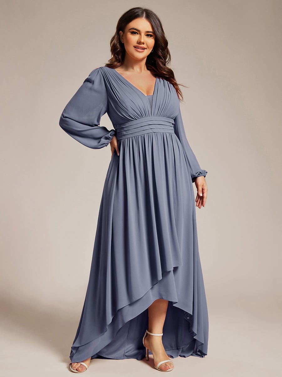 Enchanting Chiffon Lantern Sleeve Pleated High Waist Bridesmaid Dress in Dusty Blue #color_Dusty Blue