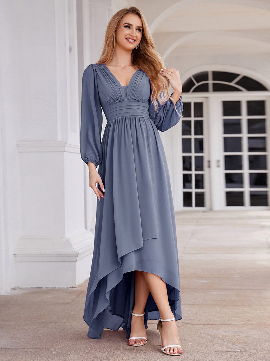 Enchanting Chiffon Lantern Sleeve Pleated High Waist Bridesmaid Dress in Dusty Blue #color_Dusty Blue