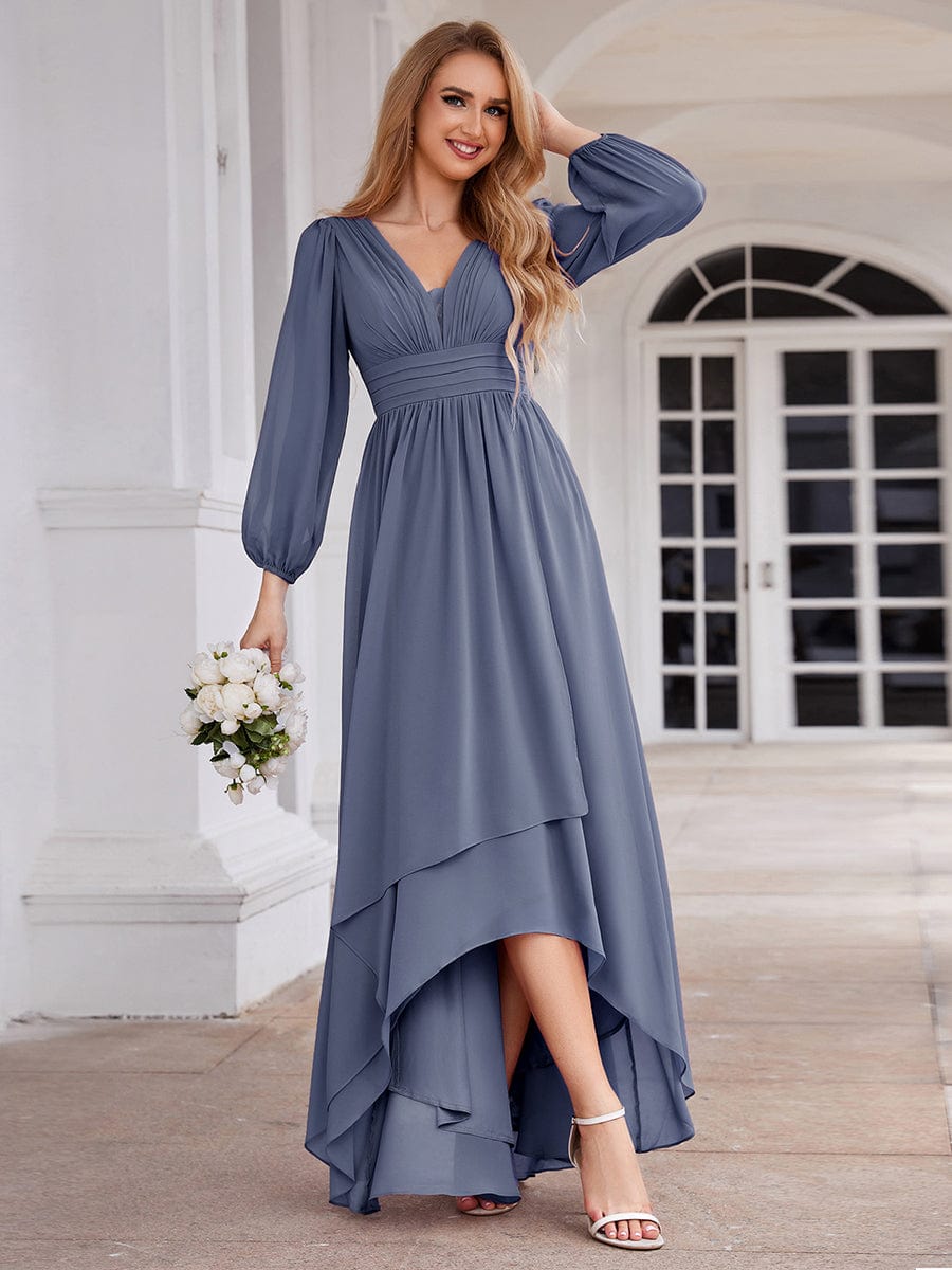 Enchanting Chiffon Lantern Sleeve Pleated High Waist Bridesmaid Dress in Dusty Blue #color_Dusty Blue