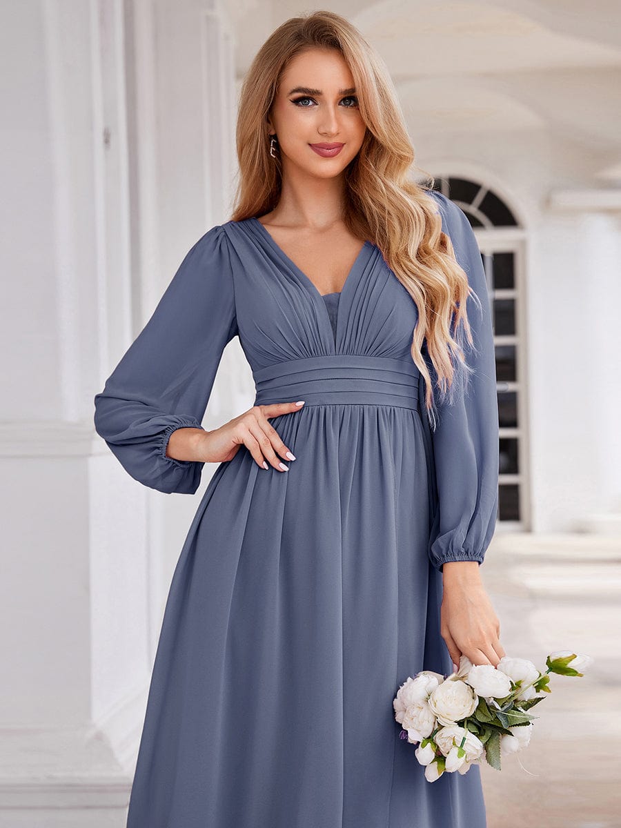 Enchanting Chiffon Lantern Sleeve Pleated High Waist Bridesmaid Dress in Dusty Blue #color_Dusty Blue