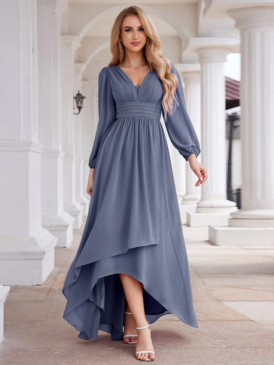 Enchanting Chiffon Lantern Sleeve Pleated High Waist Bridesmaid Dress in Dusty Blue #color_Dusty Blue