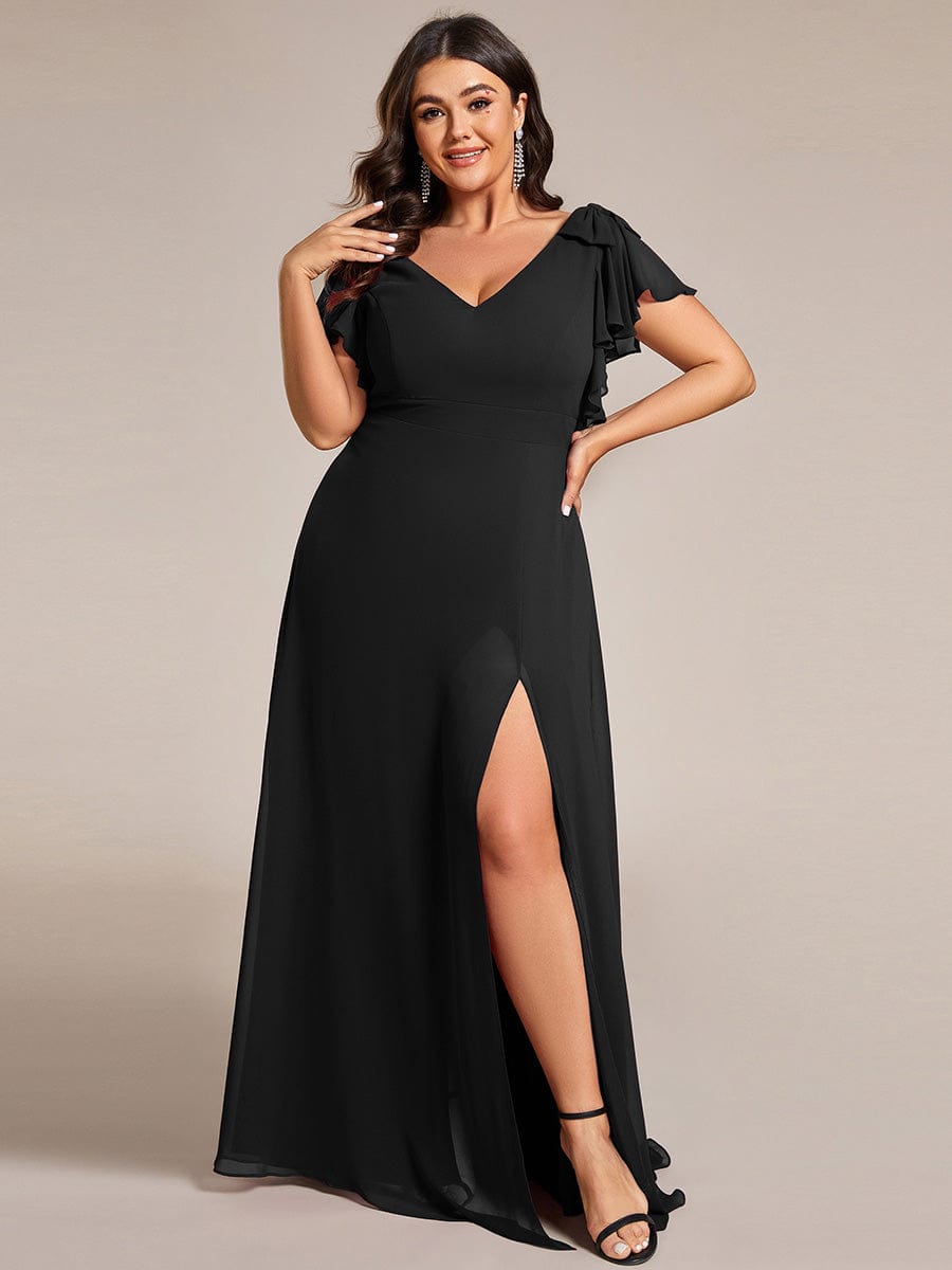 Double V-Neck High Split Bridesmaid Dress with Ribbon Bow #color_Black