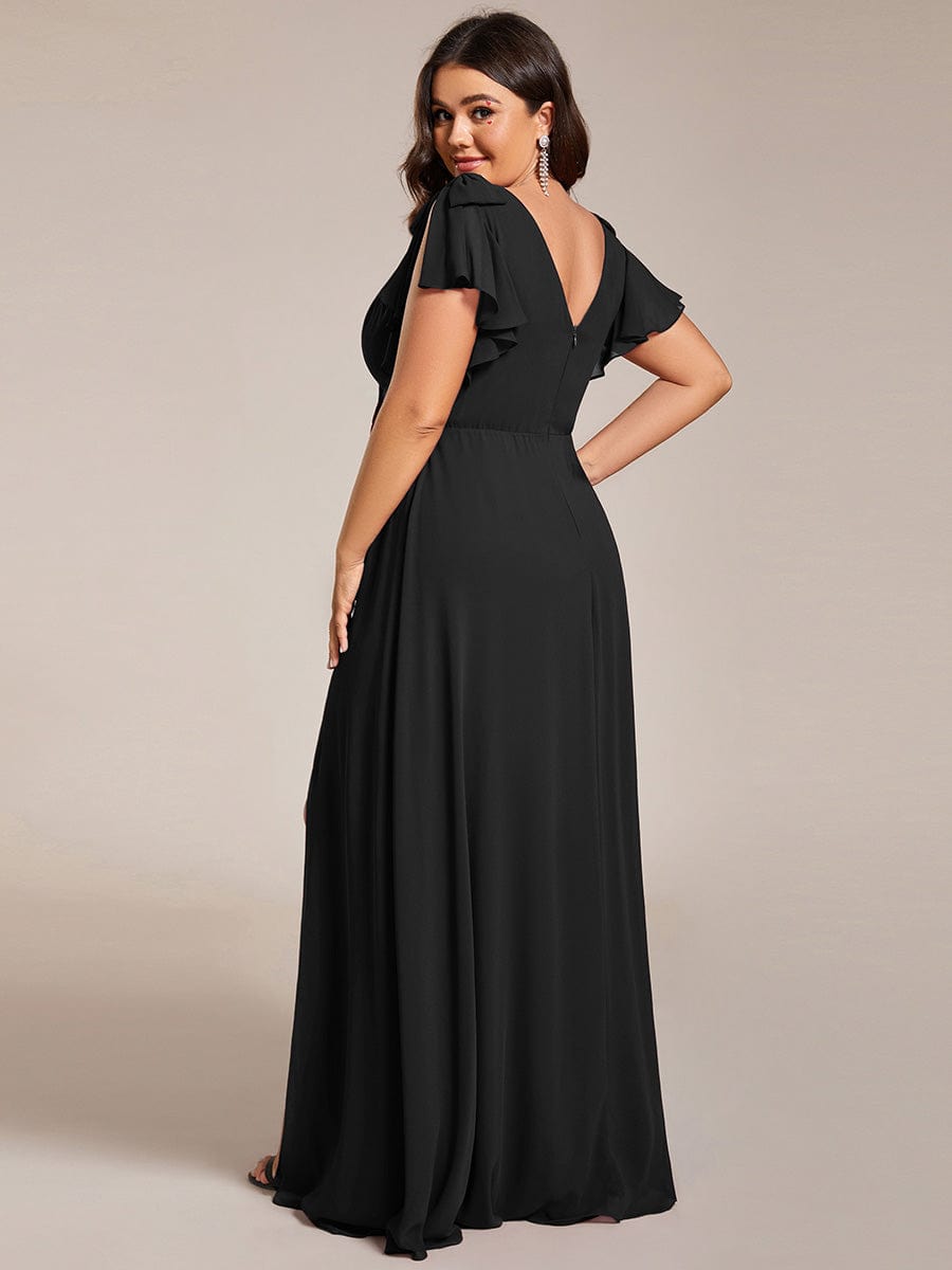 Double V-Neck High Split Bridesmaid Dress with Ribbon Bow #color_Black