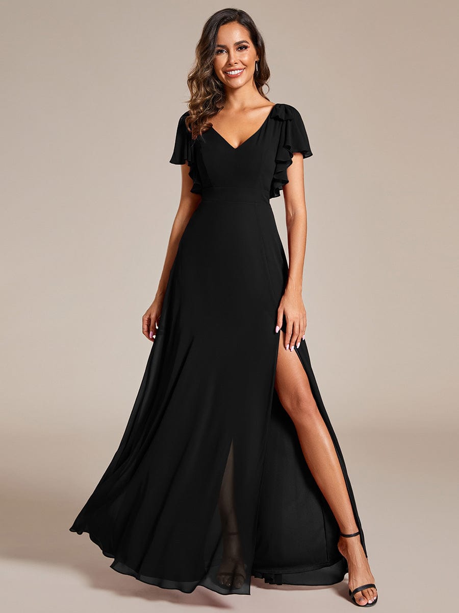 Double V-Neck High Split Bridesmaid Dress with Ribbon Bow #color_Black