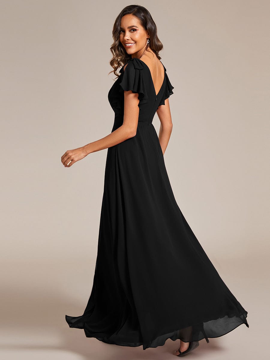 Double V-Neck High Split Bridesmaid Dress with Ribbon Bow #color_Black