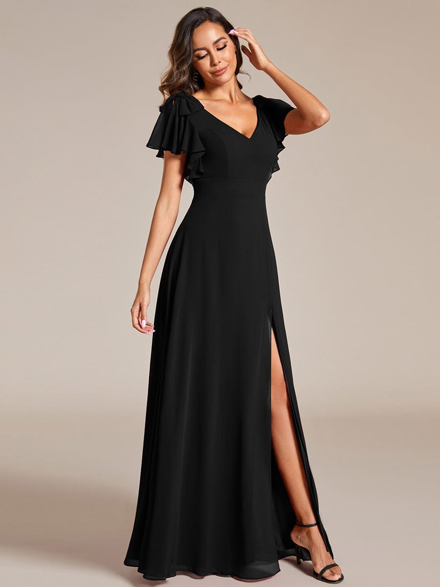 Double V-Neck High Split Bridesmaid Dress with Ribbon Bow #color_Black