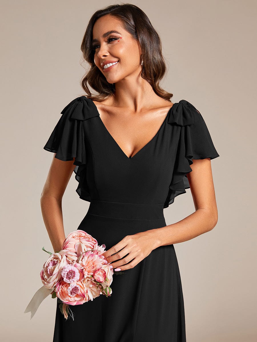 Double V-Neck High Split Bridesmaid Dress with Ribbon Bow #color_Black