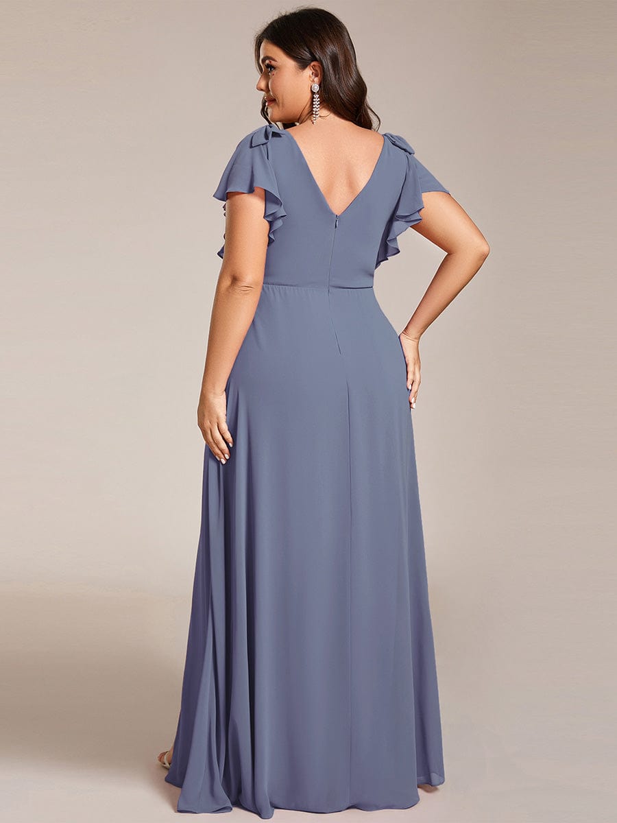 Double V-Neck High Split Bridesmaid Dress with Ribbon Bow #color_Dusty Navy