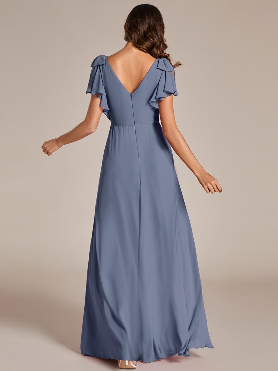 Double V-Neck High Split Bridesmaid Dress with Ribbon Bow #color_Dusty Navy