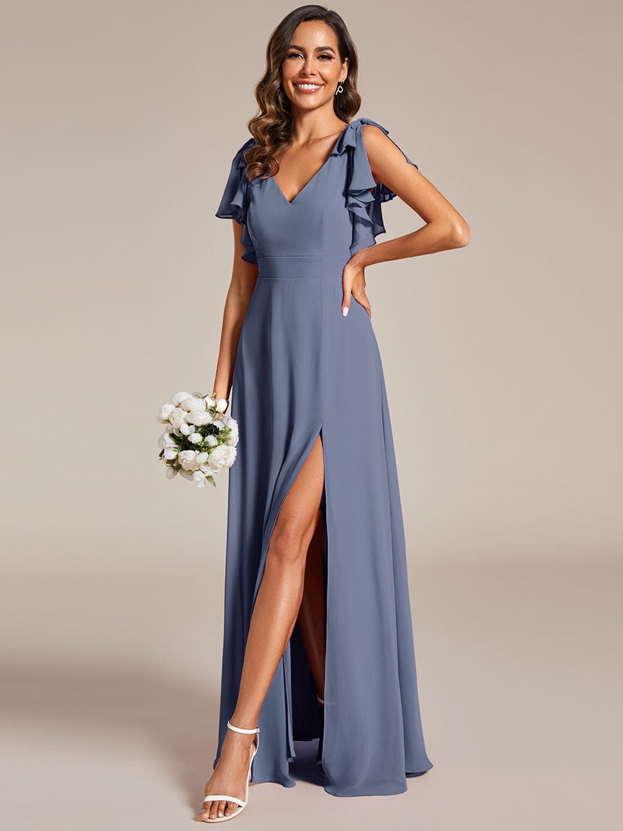 Double V-Neck High Split Bridesmaid Dress with Ribbon Bow #color_Dusty Navy