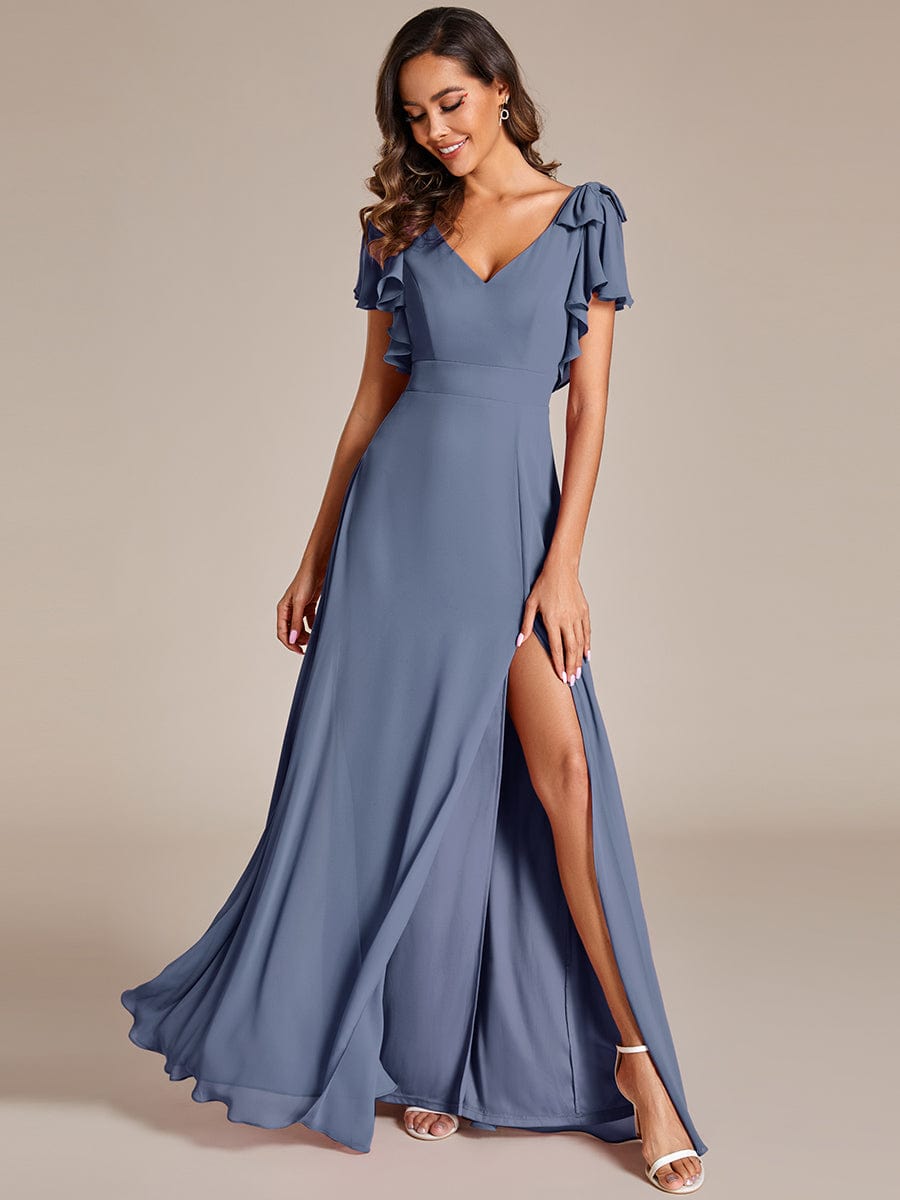 Double V-Neck High Split Bridesmaid Dress with Ribbon Bow #color_Dusty Navy