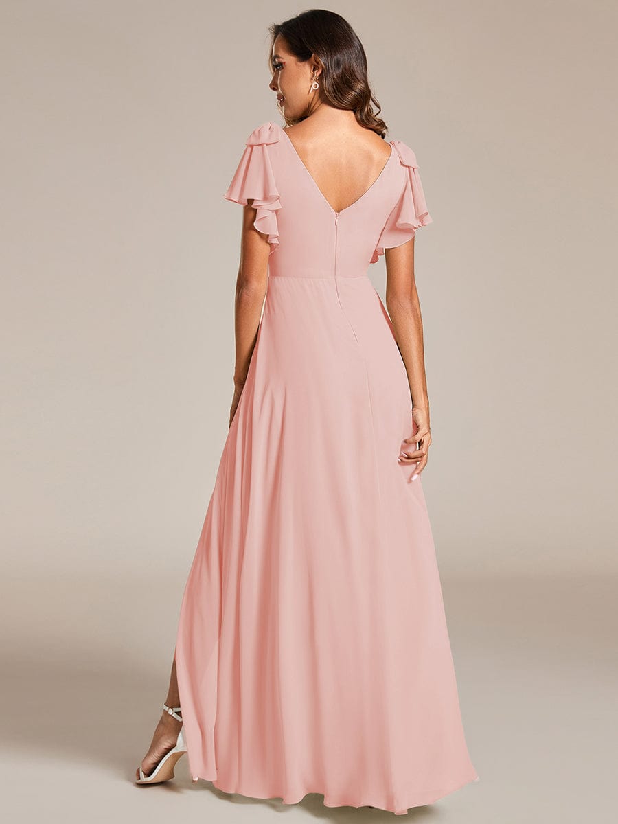 Double V-Neck High Split Bridesmaid Dress with Ribbon Bow #color_Pink