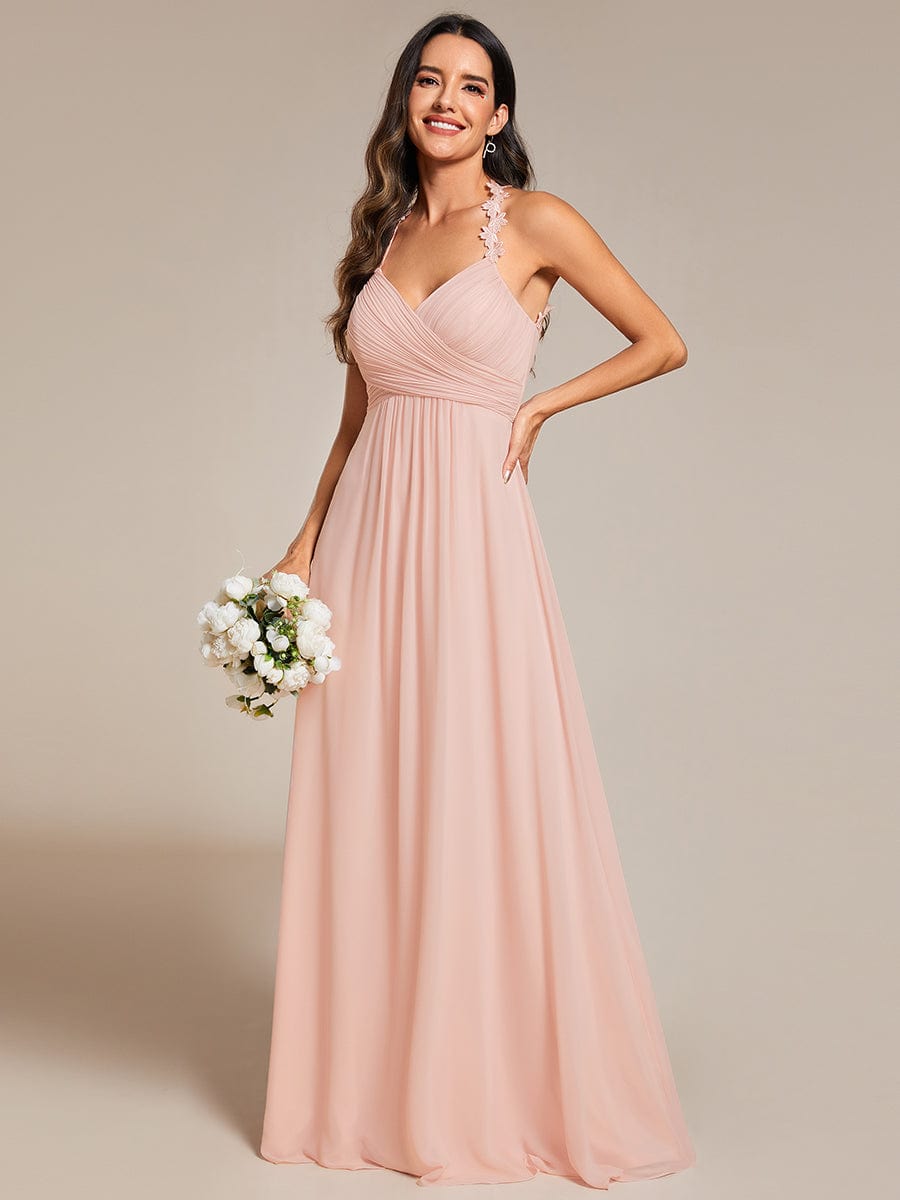 Backless Floral Halter Neck Pleated Maxi Dress with V-Neck in Pink