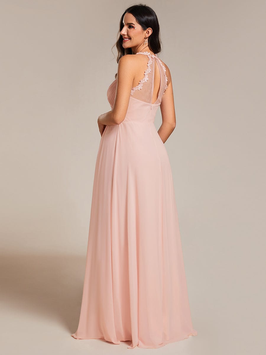 Backless Floral Halter Neck Pleated Maxi Dress with V-Neck in Pink #color_Pink