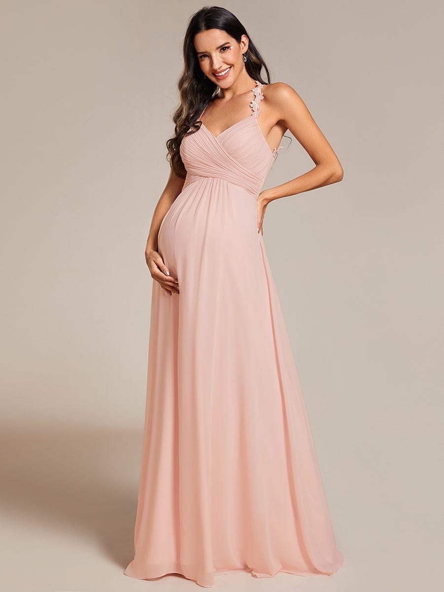 Backless Floral Halter Neck Pleated Maxi Dress with V-Neck in Pink #color_Pink