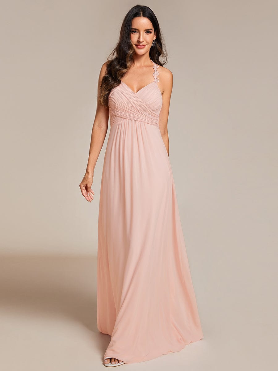 Backless Floral Halter Neck Pleated Maxi Dress with V-Neck in Pink #color_Pink