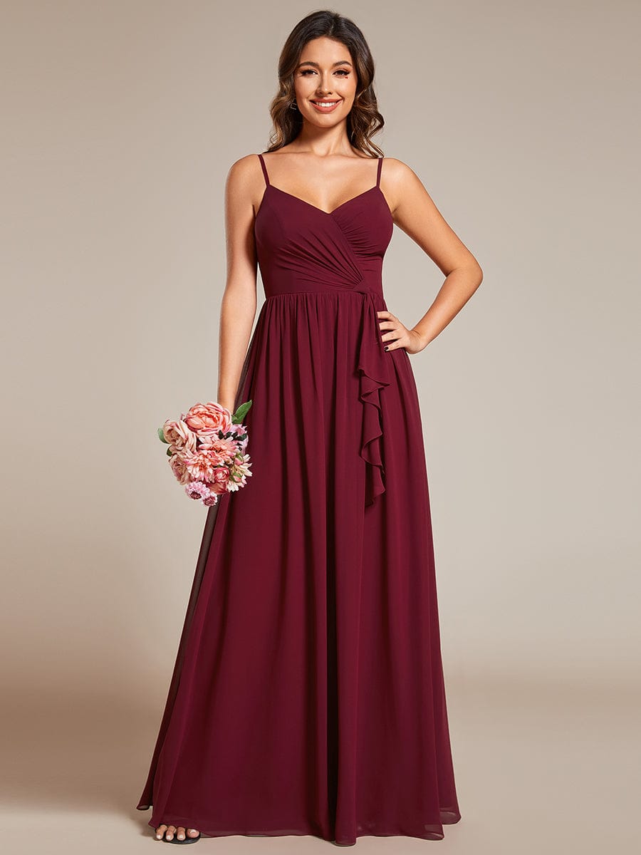 Maxi V-Neck Lotus Leaf Chiffon Bridesmaid Dress with Pleating #color_Burgundy