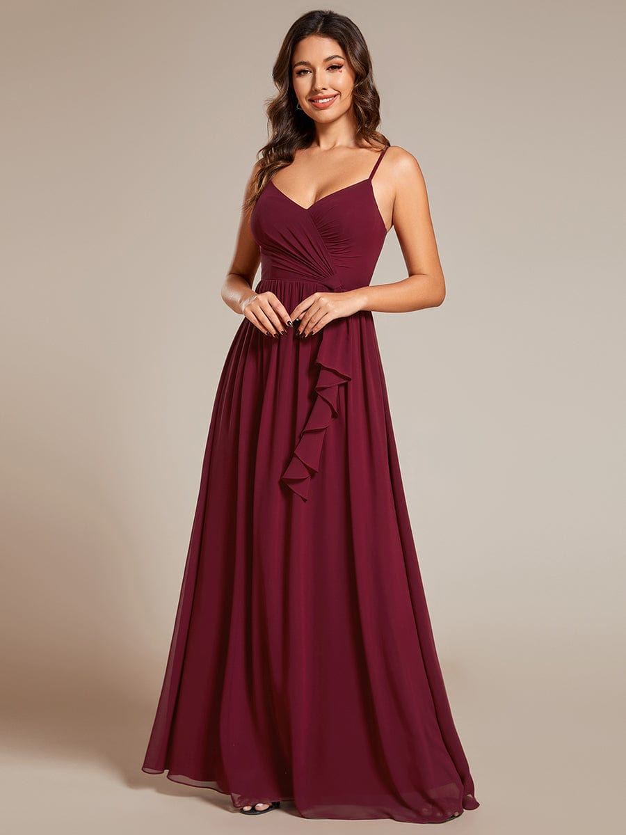 Maxi V-Neck Lotus Leaf Chiffon Bridesmaid Dress with Pleating #color_Burgundy