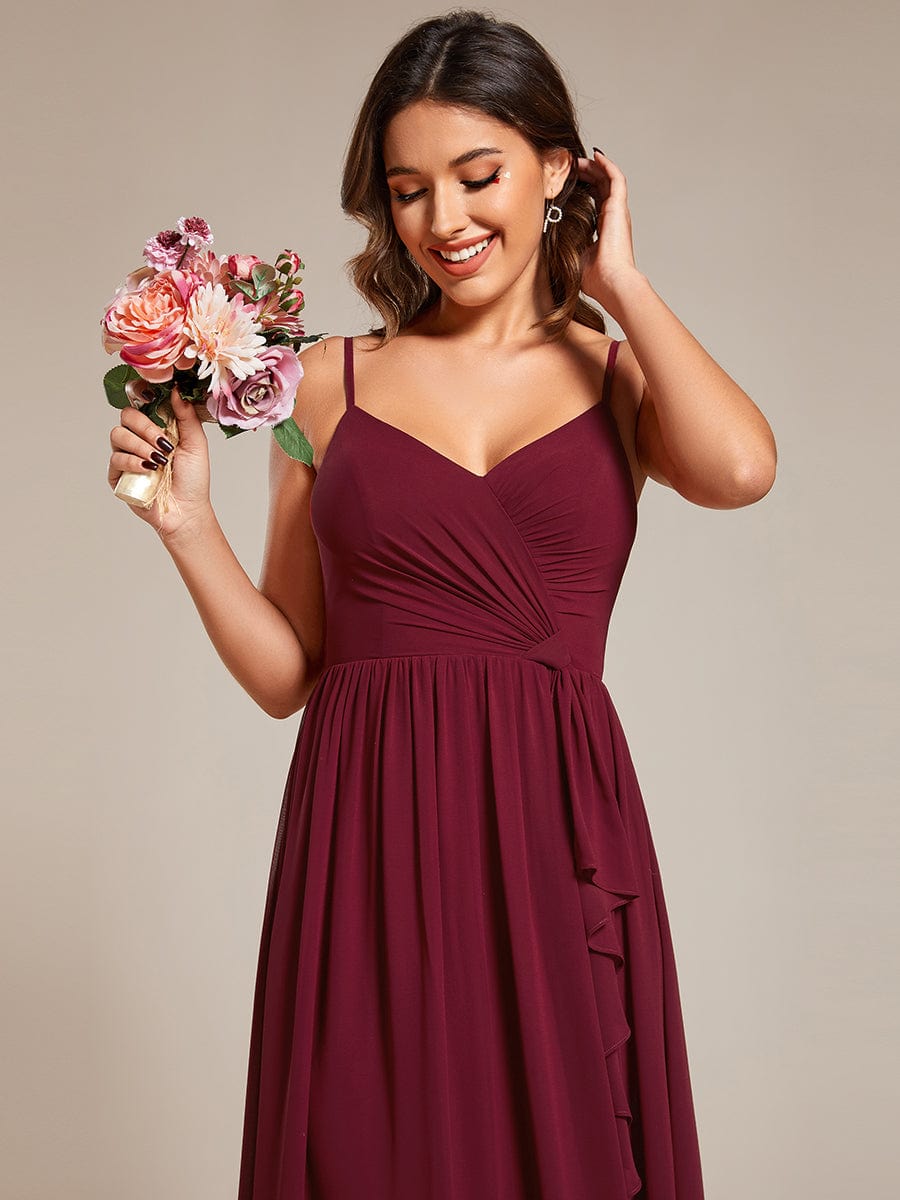 Maxi V-Neck Lotus Leaf Chiffon Bridesmaid Dress with Pleating #color_Burgundy