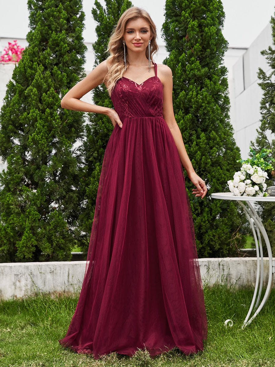 Sleeveless Paillette Tulle Bridesmaid Dress with Cross-Back Straps #color_Burgundy