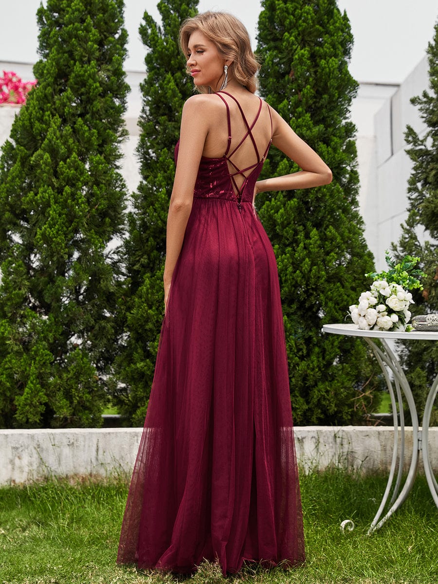 Sleeveless Paillette Tulle Bridesmaid Dress with Cross-Back Straps #color_Burgundy