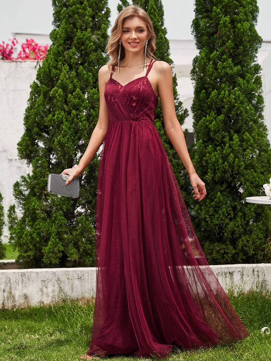 Sleeveless Paillette Tulle Bridesmaid Dress with Cross-Back Straps #color_Burgundy