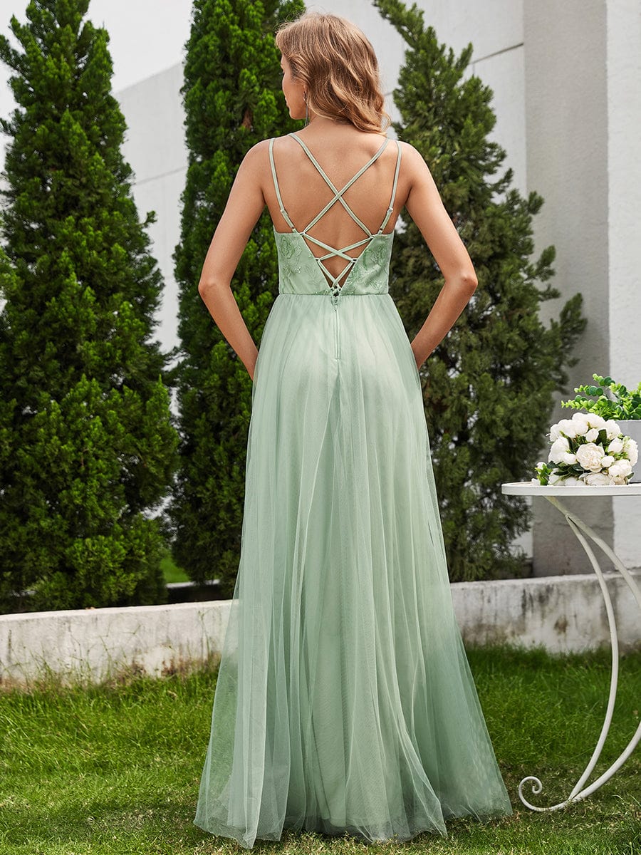 Sleeveless Paillette Tulle Bridesmaid Dress with Cross-Back Straps #color_Mint Green