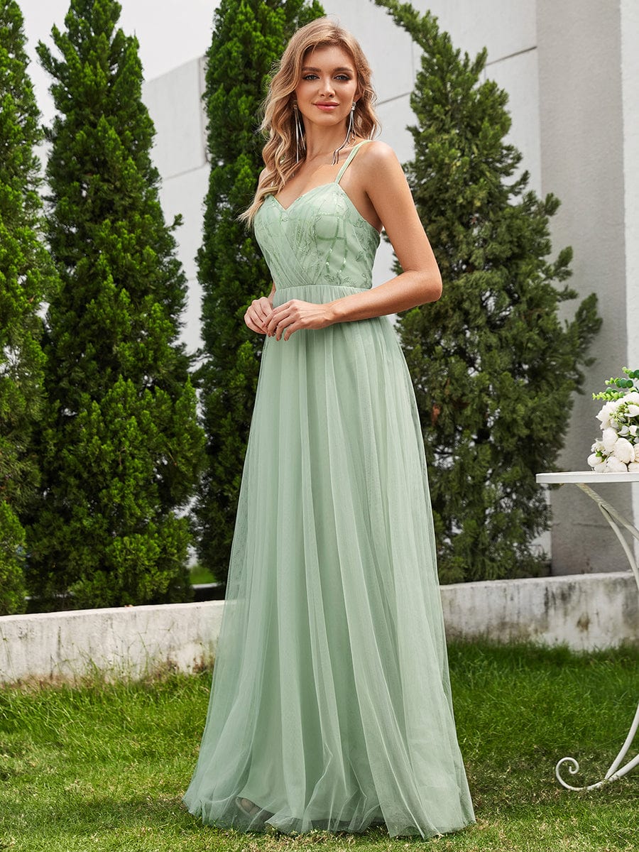 Sleeveless Paillette Tulle Bridesmaid Dress with Cross-Back Straps #color_Mint Green