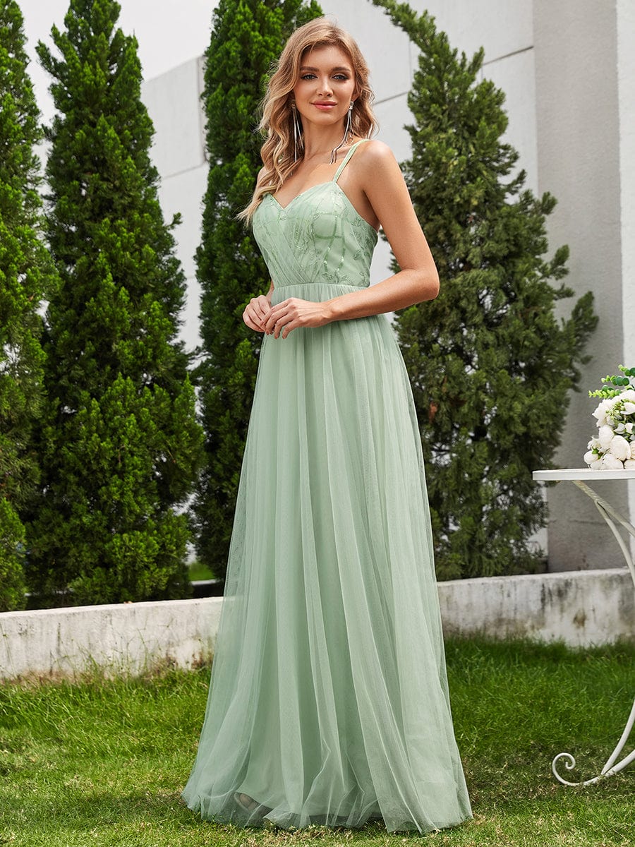 Sleeveless Paillette Tulle Dress with Cross-Back Straps In Sage Green #color_Mint Green