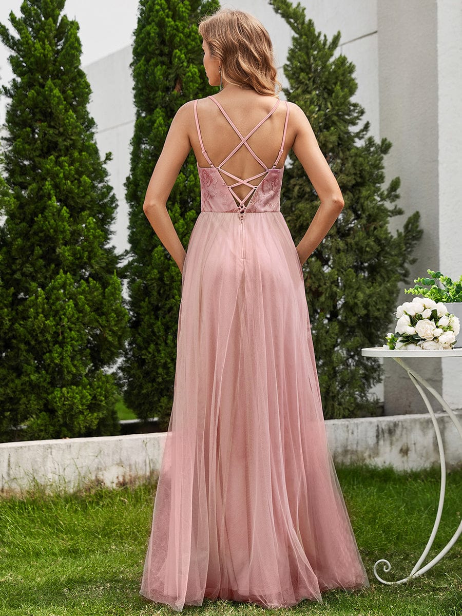 Sleeveless Paillette Tulle Bridesmaid Dress with Cross-Back Straps #color_Pink