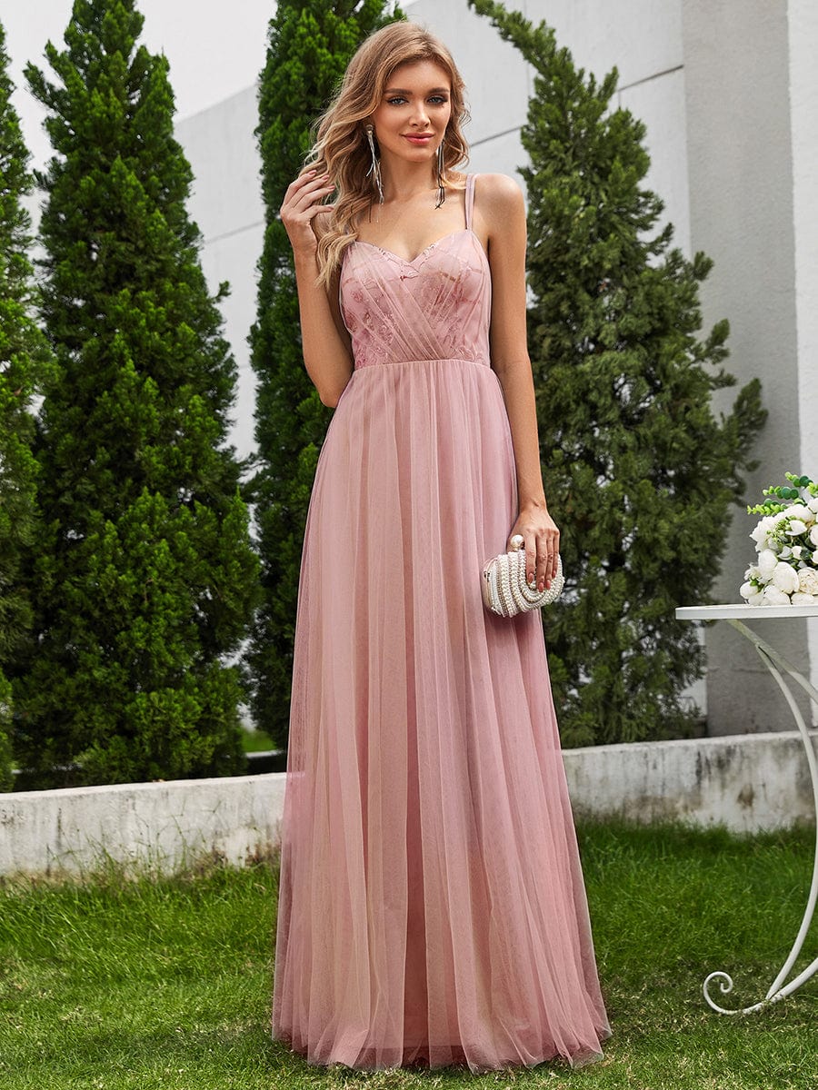 Sleeveless Paillette Tulle Bridesmaid Dress with Cross-Back Straps #color_Pink