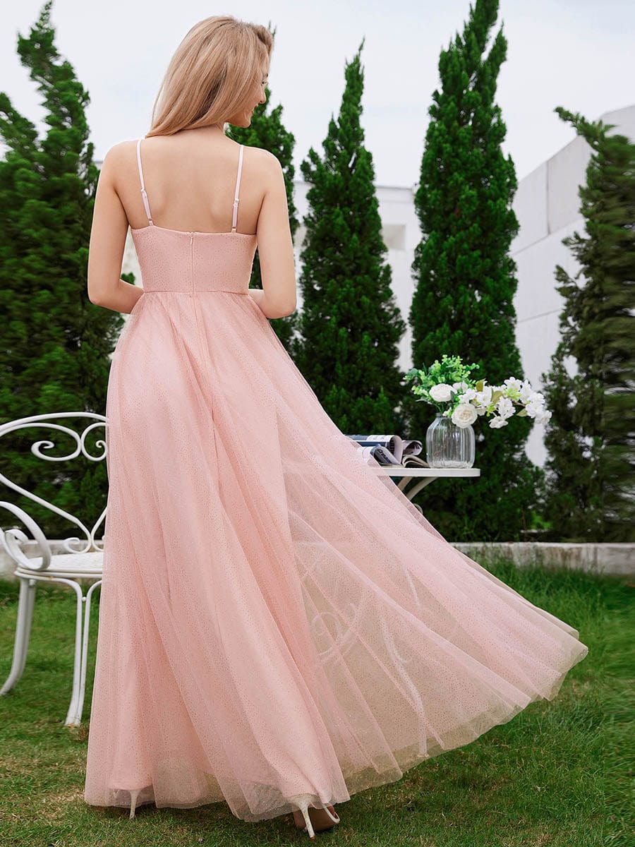 High Slit and Lace Pearl Waist Sleeveless Bridesmaid Dress with Pleated #color_Pink