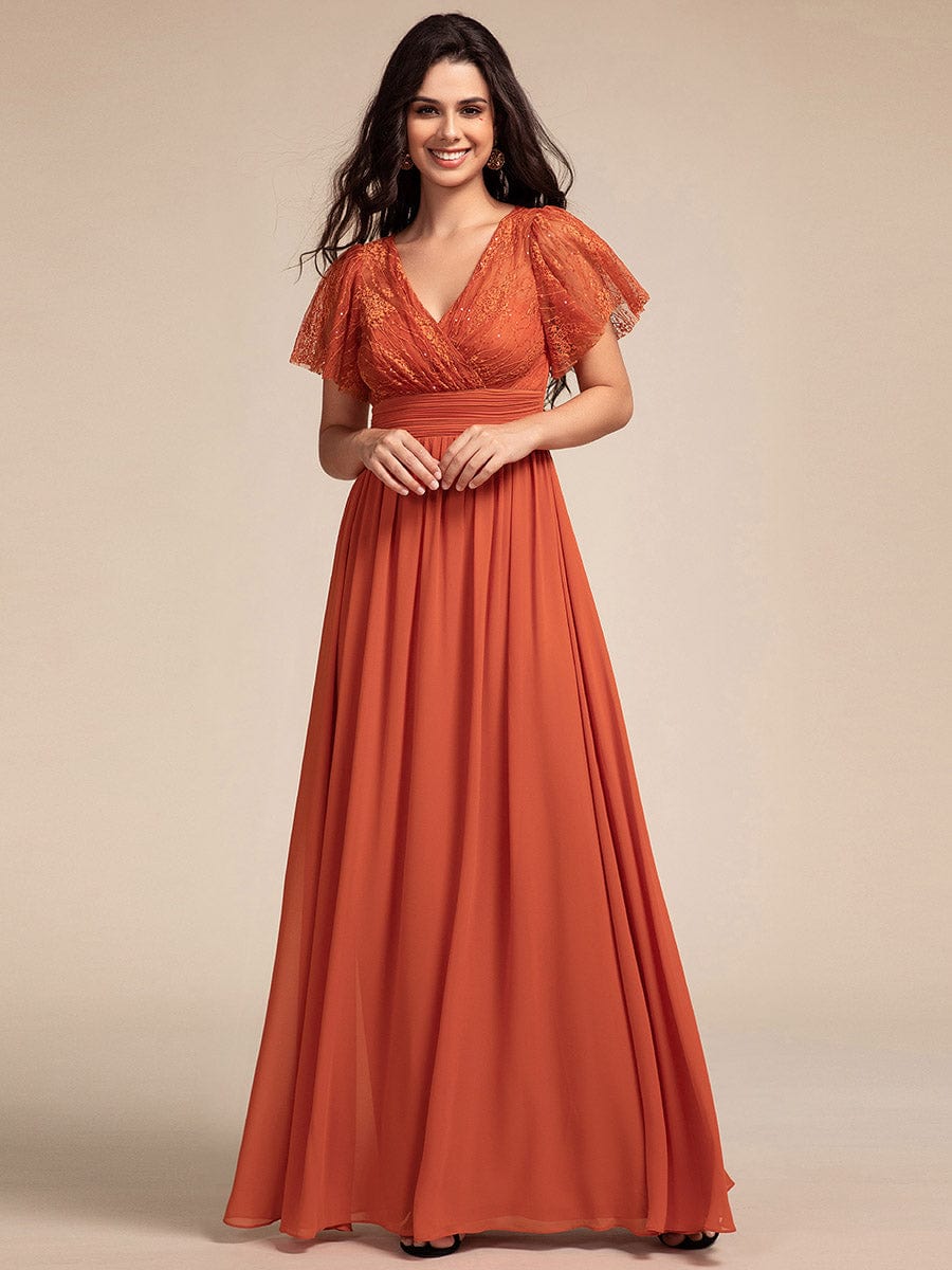 Lace Pleated Chiffon A-line Bridesmaid Dress with Backless Detail #color_Burnt Orange